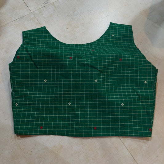 Green Checked Cotton V-Neck Sleeveless Blouse