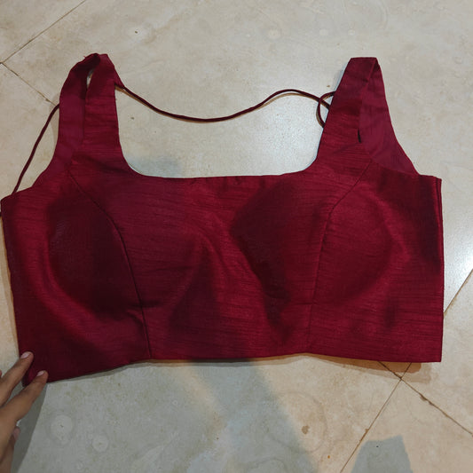 Maroon Raw Silk U Neck Sleeveless Blouse