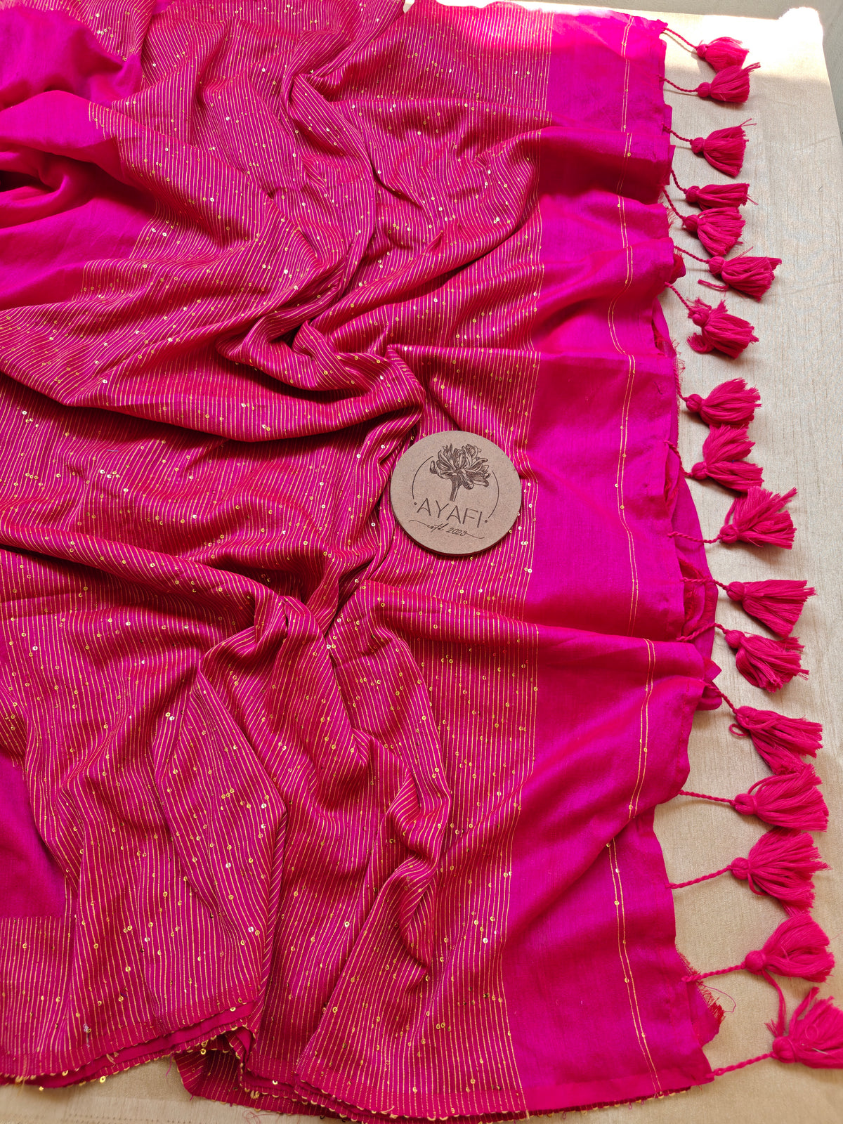 Rani Pink Chevron Embroidery Mulmul Cotton Saree