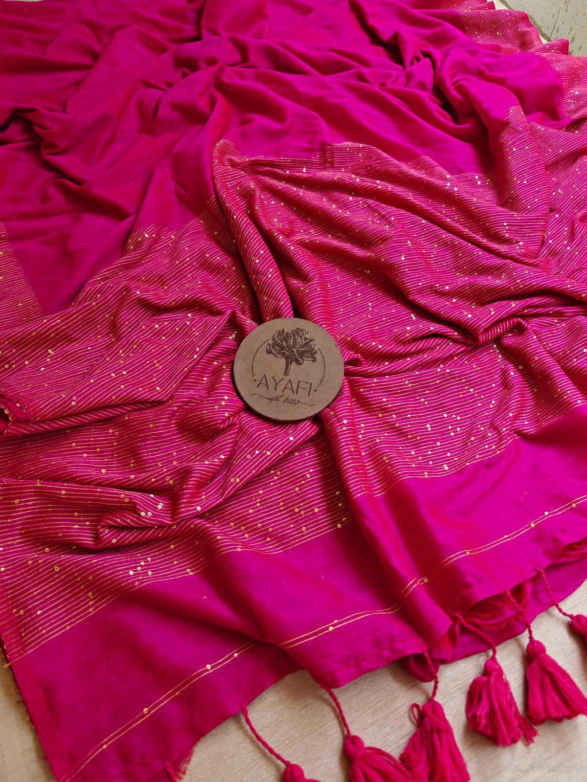 Rani Pink Chevron Embroidery Mulmul Cotton Saree