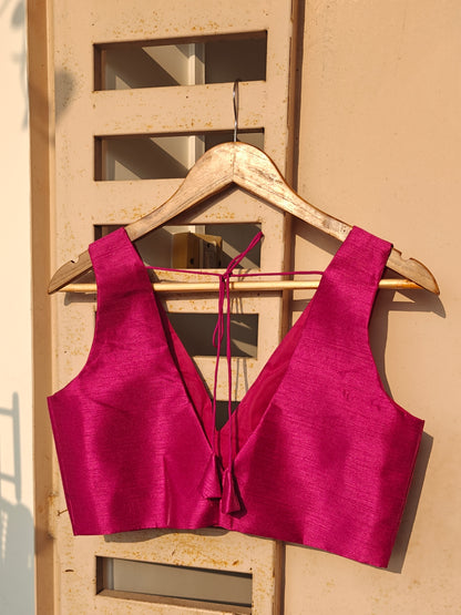 Wine Raw Silk V-Neck Sleeveless Blouse