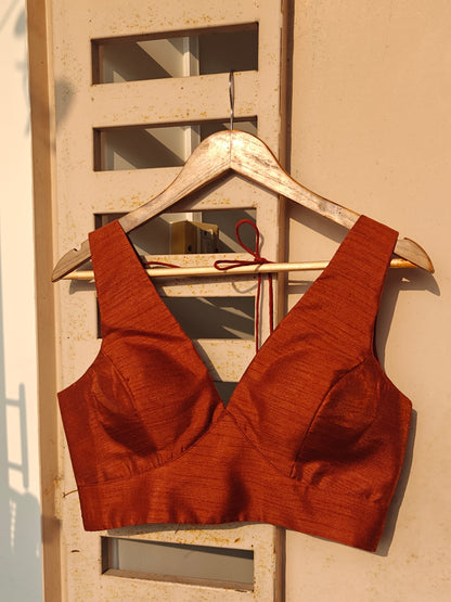 Brown Raw Silk V-Neck Belted Sleeveless Blouse