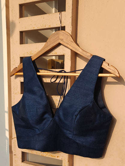 Dark Blue Raw Silk V-Neck Belted Sleeveless Blouse