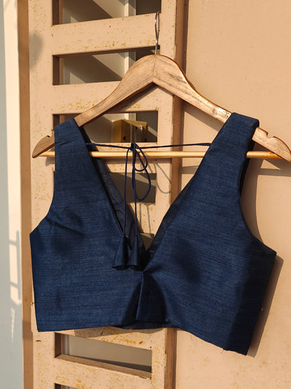Dark Blue Raw Silk V-Neck Belted Sleeveless Blouse