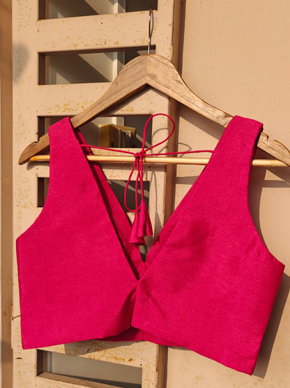 Pink Raw Silk V-Neck Belted Sleeveless Blouse