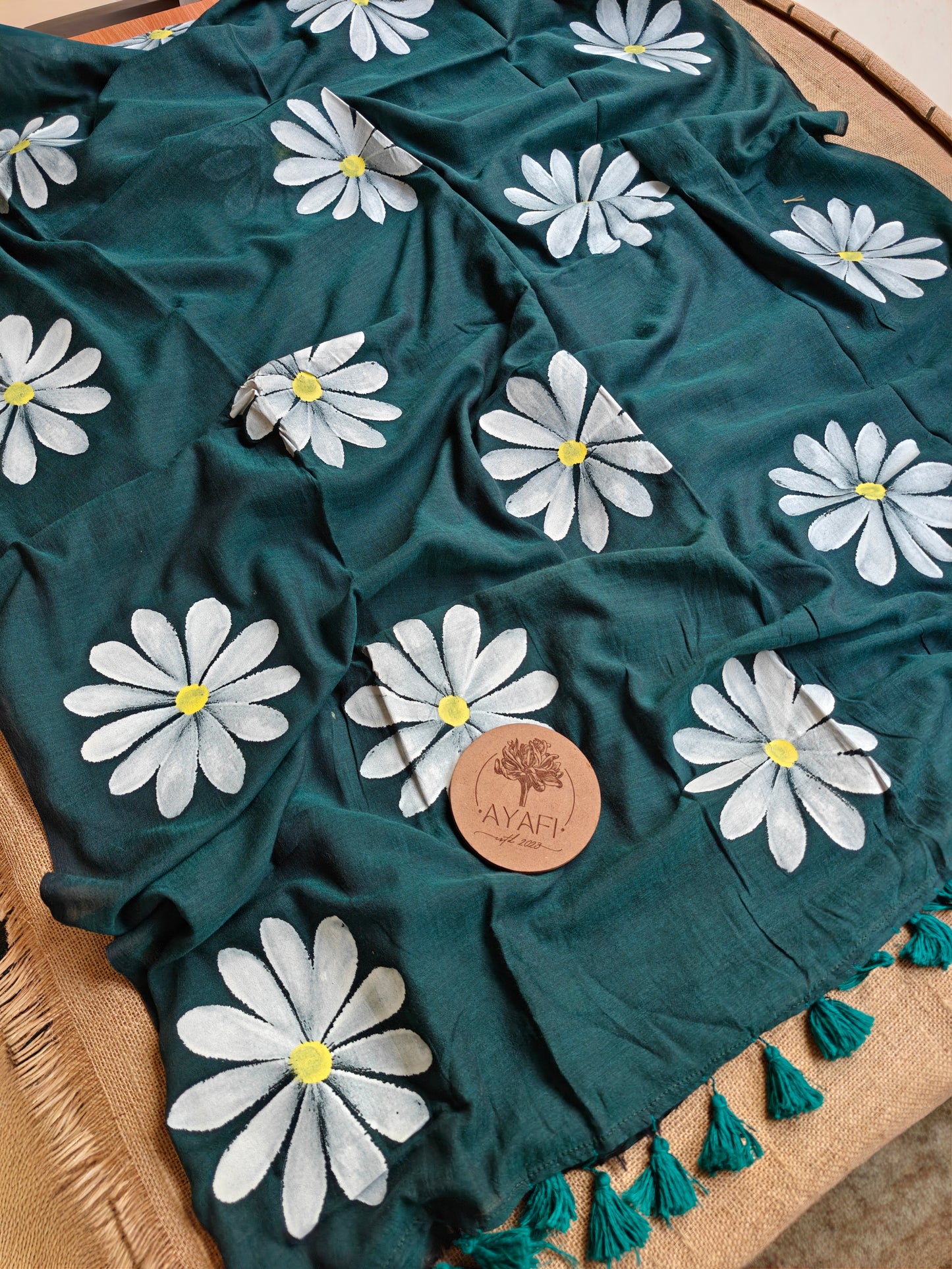 Basil Green Daisy Hand-Painted Saree
