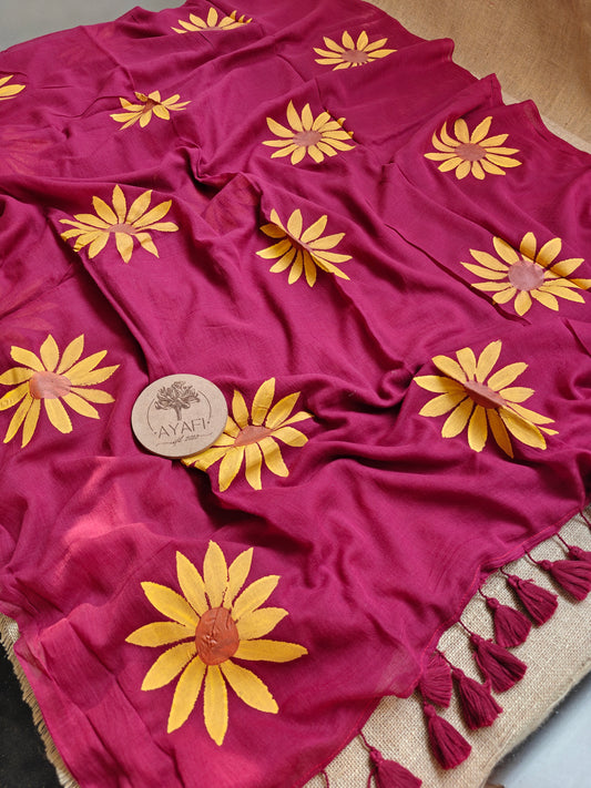 Carmine Sunflower Hand-Painted Saree