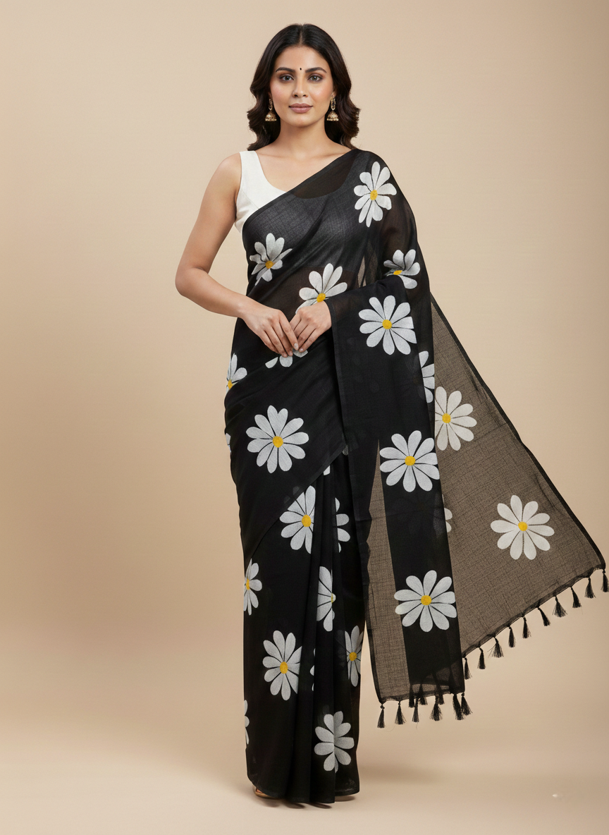 Midnight Daisy Hand-Painted Saree