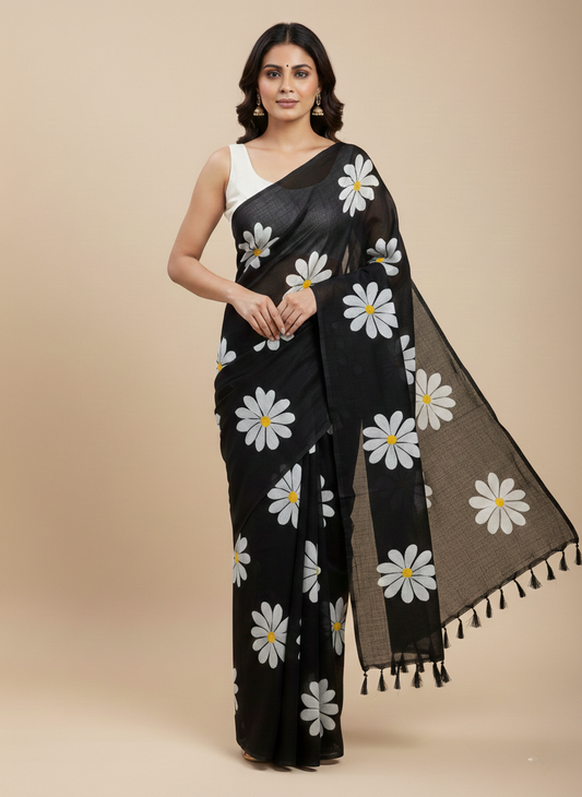 Midnight Daisy Hand-Painted Saree