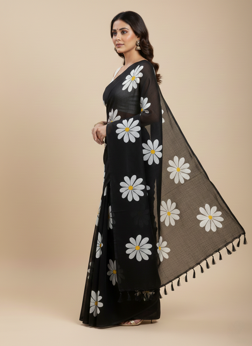 Midnight Daisy Hand-Painted Saree