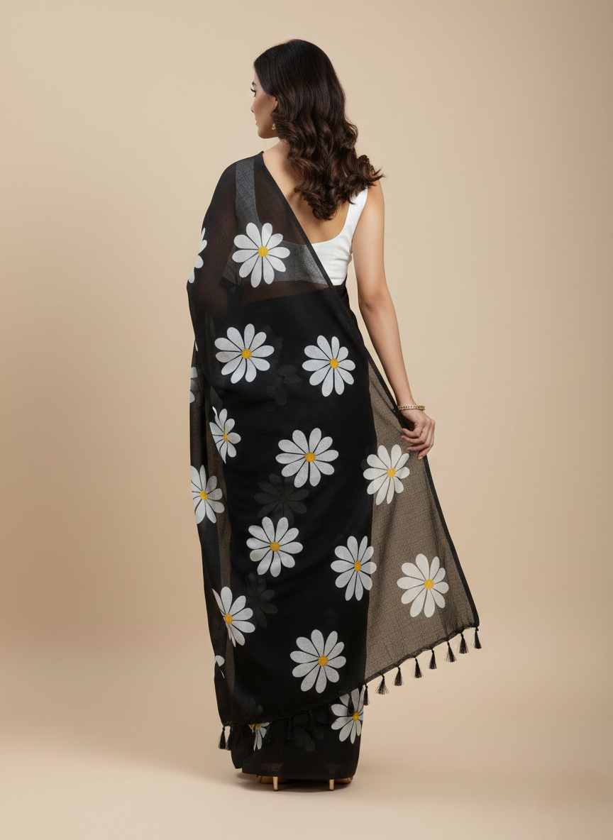 Midnight Daisy Hand-Painted Saree