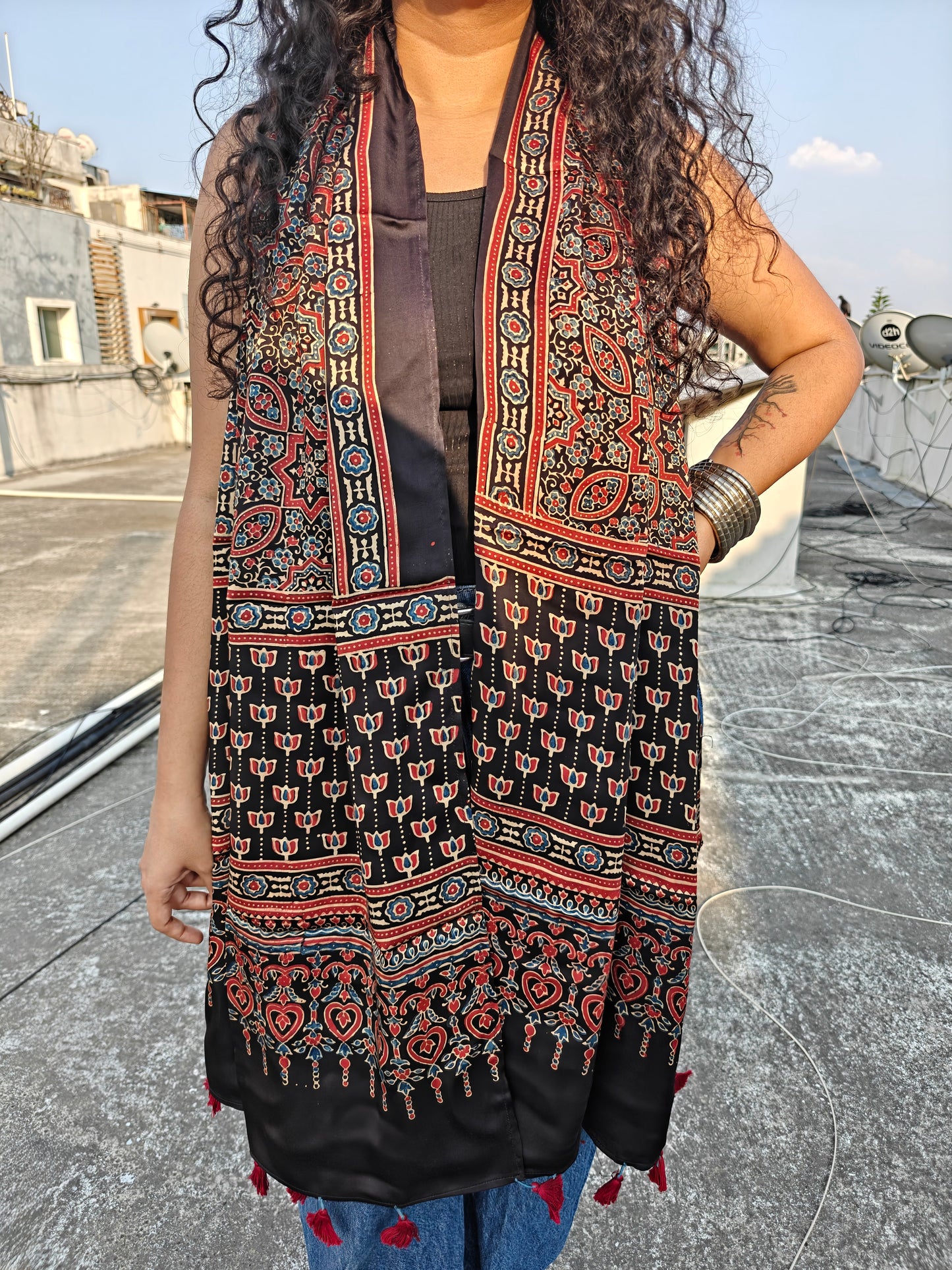 Black Handblock Printed Modal Ajrakh Stole