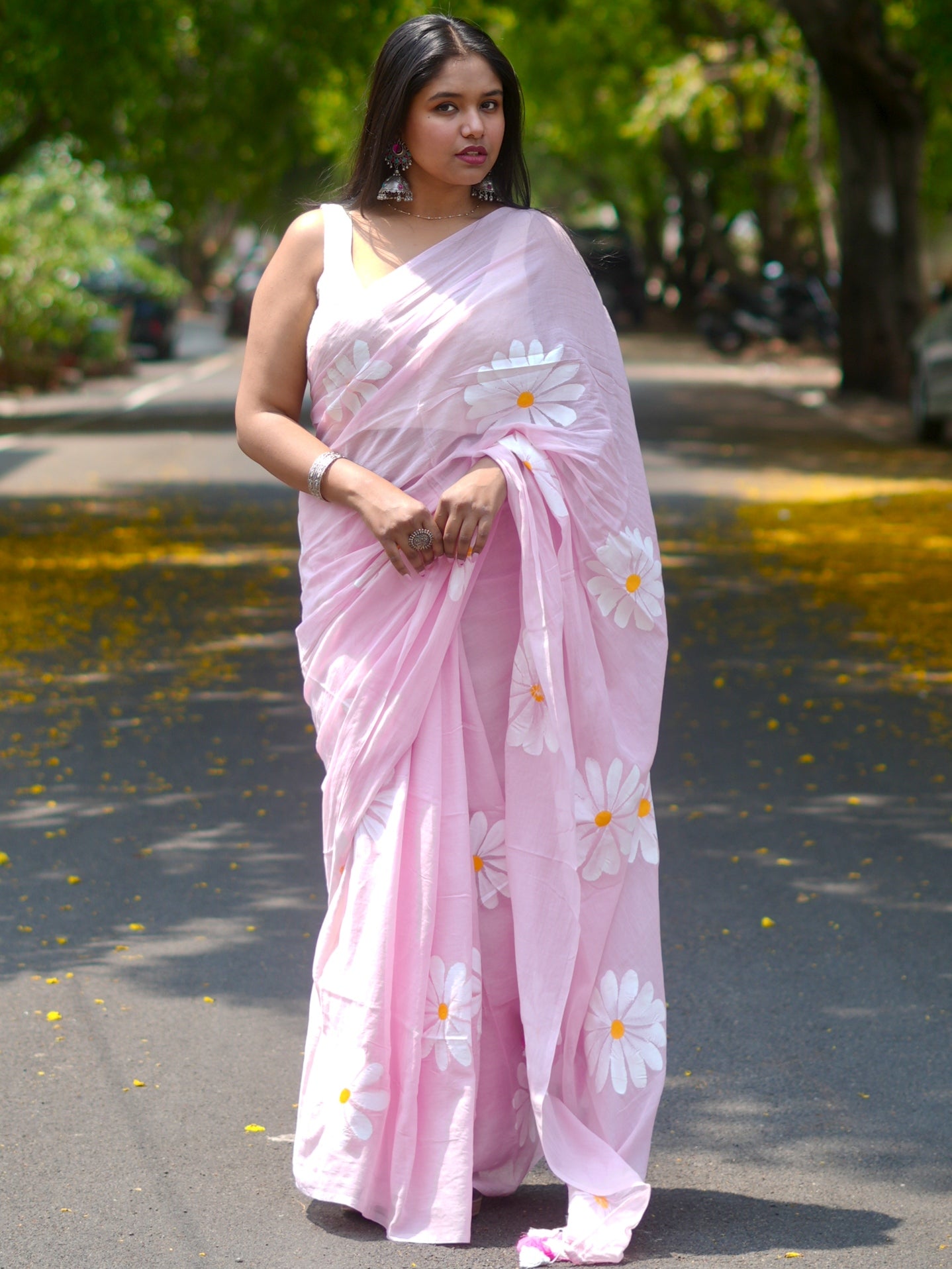 Baby Pink Daisy Hand-Painted Saree