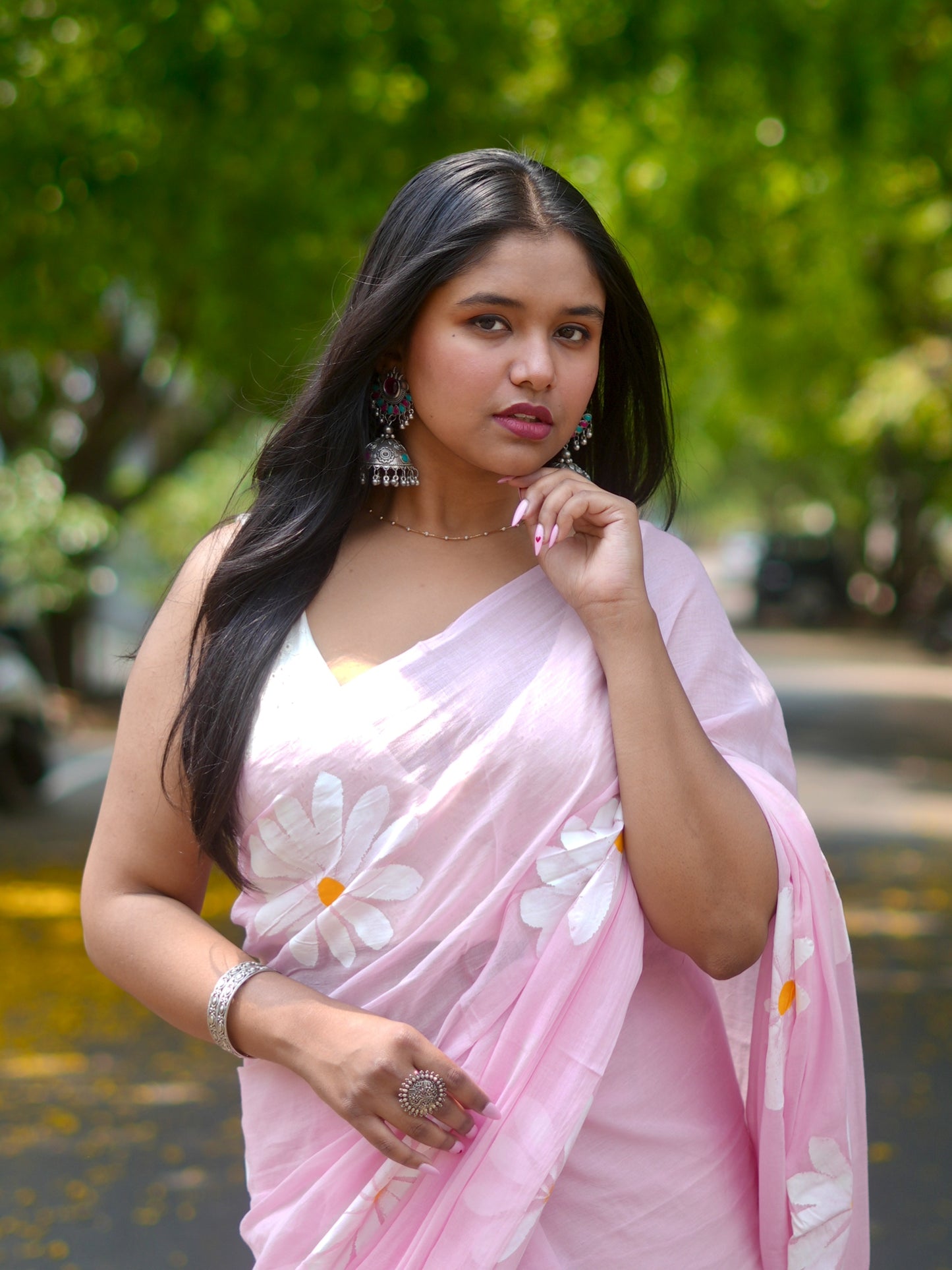 Baby Pink Daisy Hand-Painted Saree