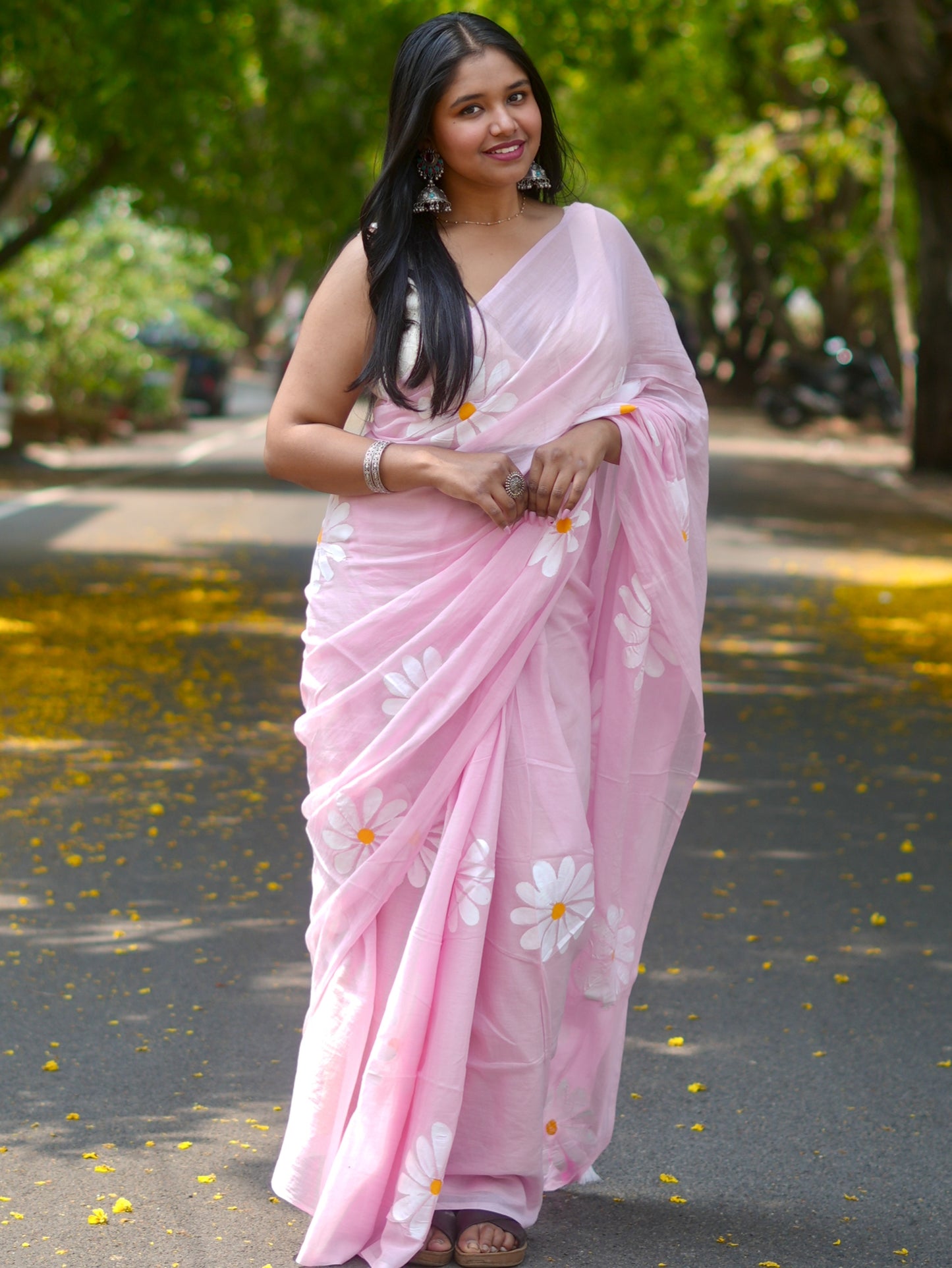 Baby Pink Daisy Hand-Painted Saree
