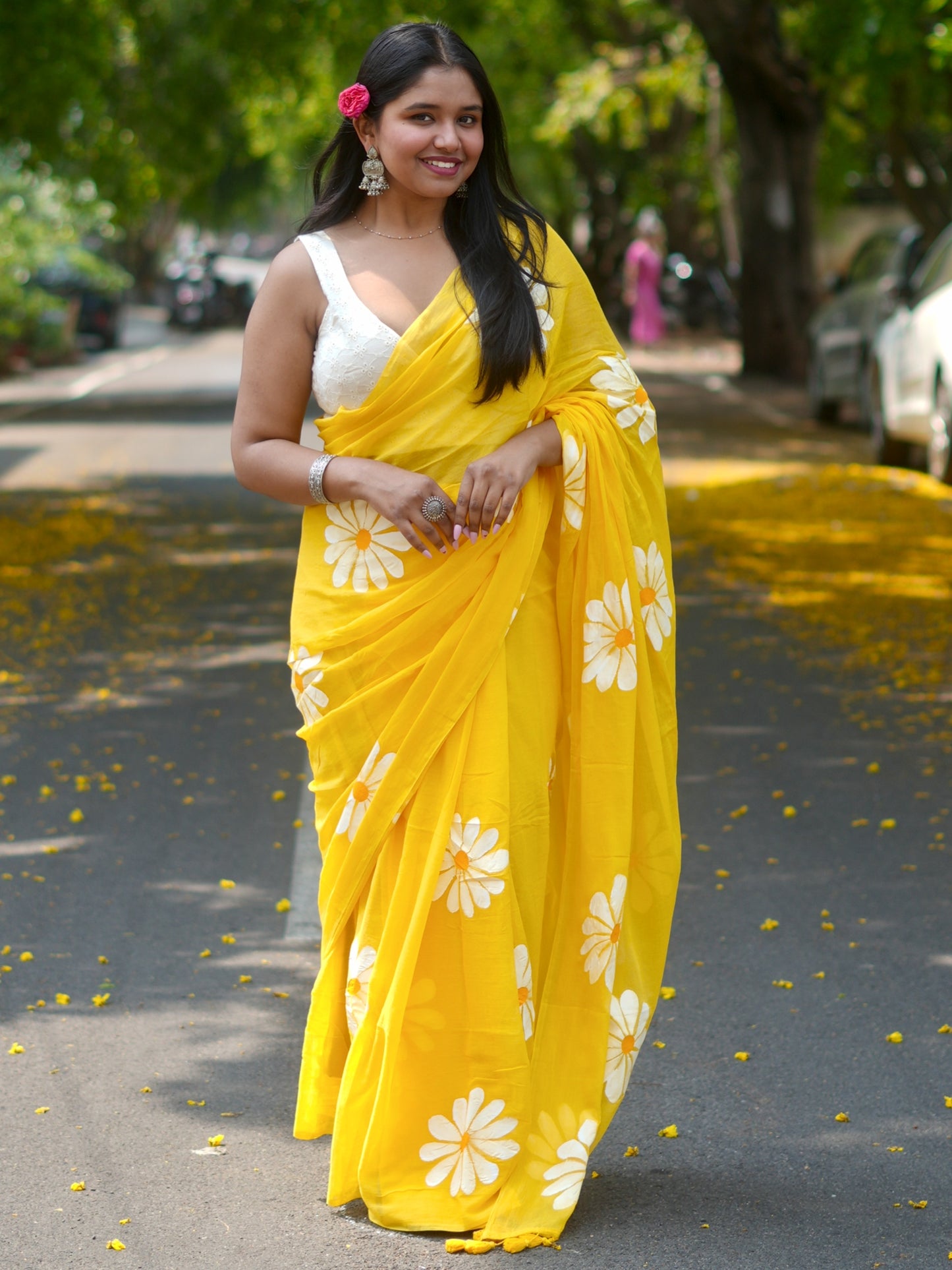 Yellow Daisy Hand-Painted Saree