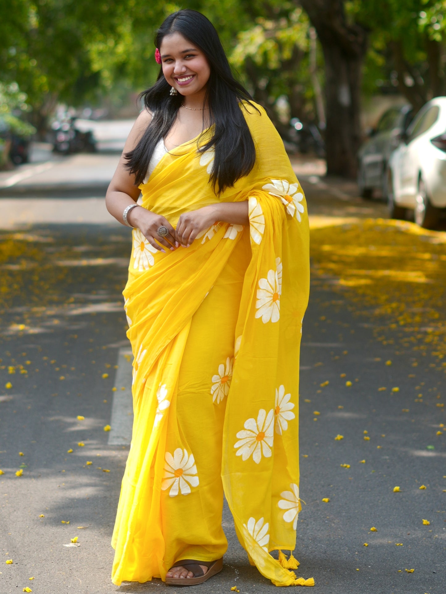 Yellow Daisy Hand-Painted Saree