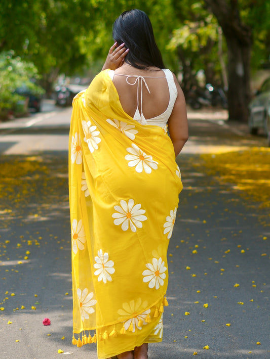 Yellow Daisy Hand-Painted Saree