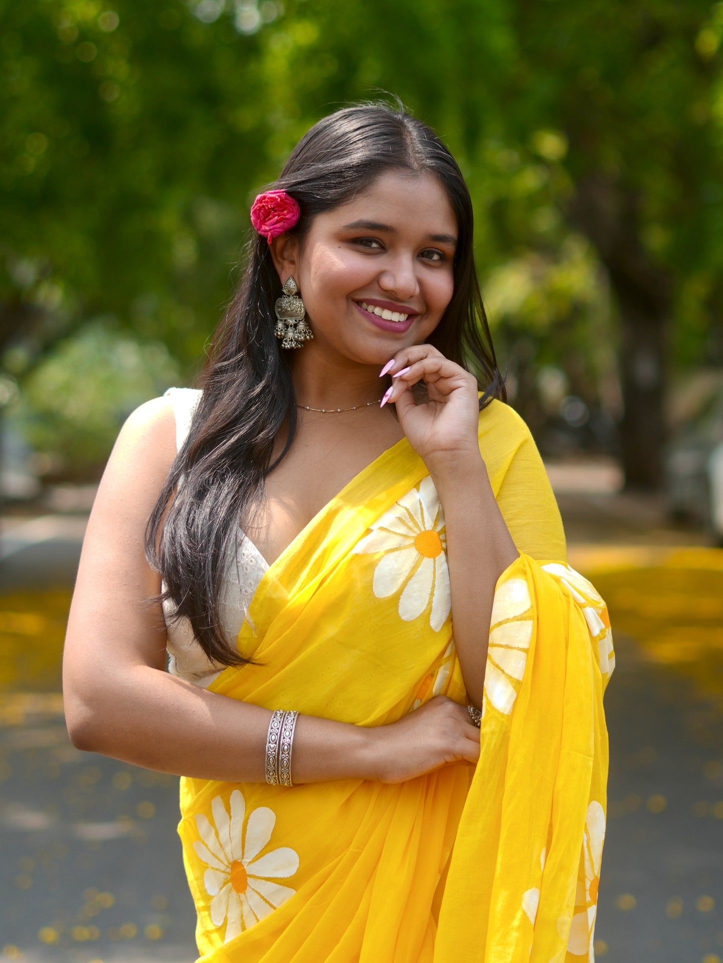 Yellow Daisy Hand-Painted Saree