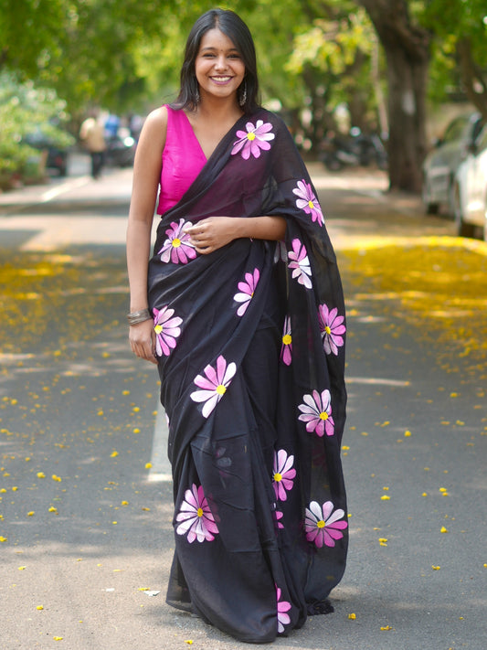 Midnight Multicolored Daisy Hand-Painted Saree