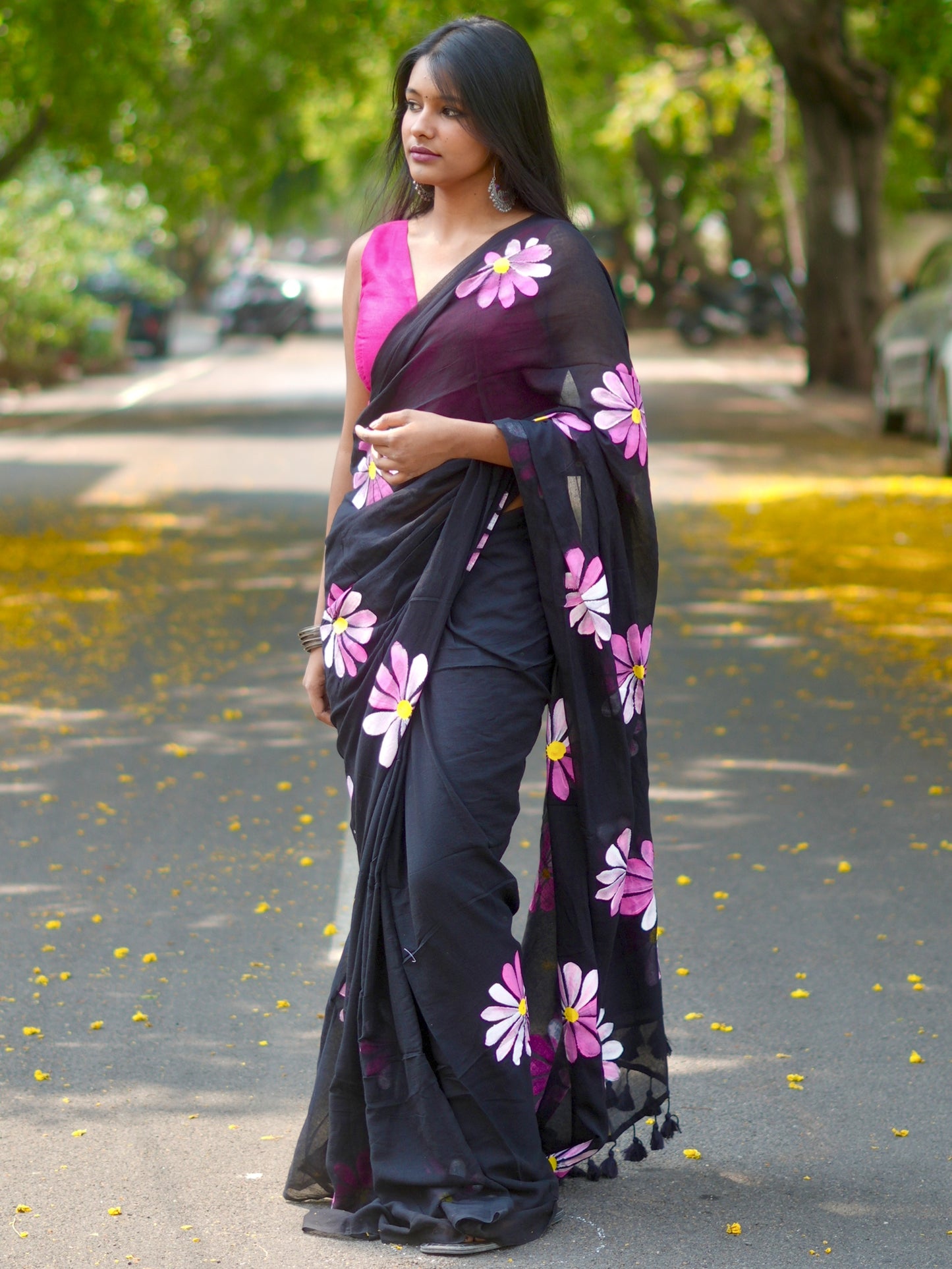 Midnight Multicolored Daisy Hand-Painted Saree