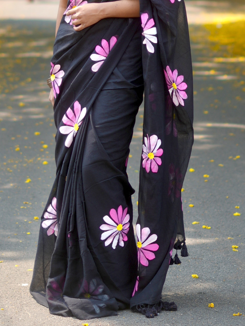 Midnight Multicolored Daisy Hand-Painted Saree