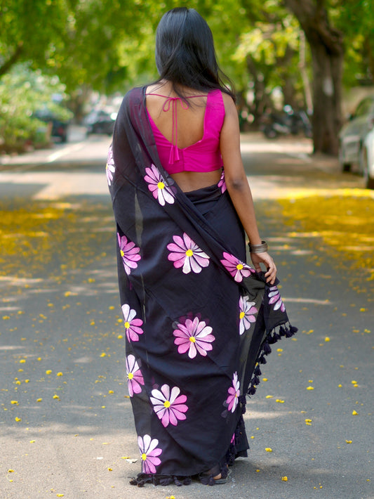 Midnight Multicolored Daisy Hand-Painted Saree