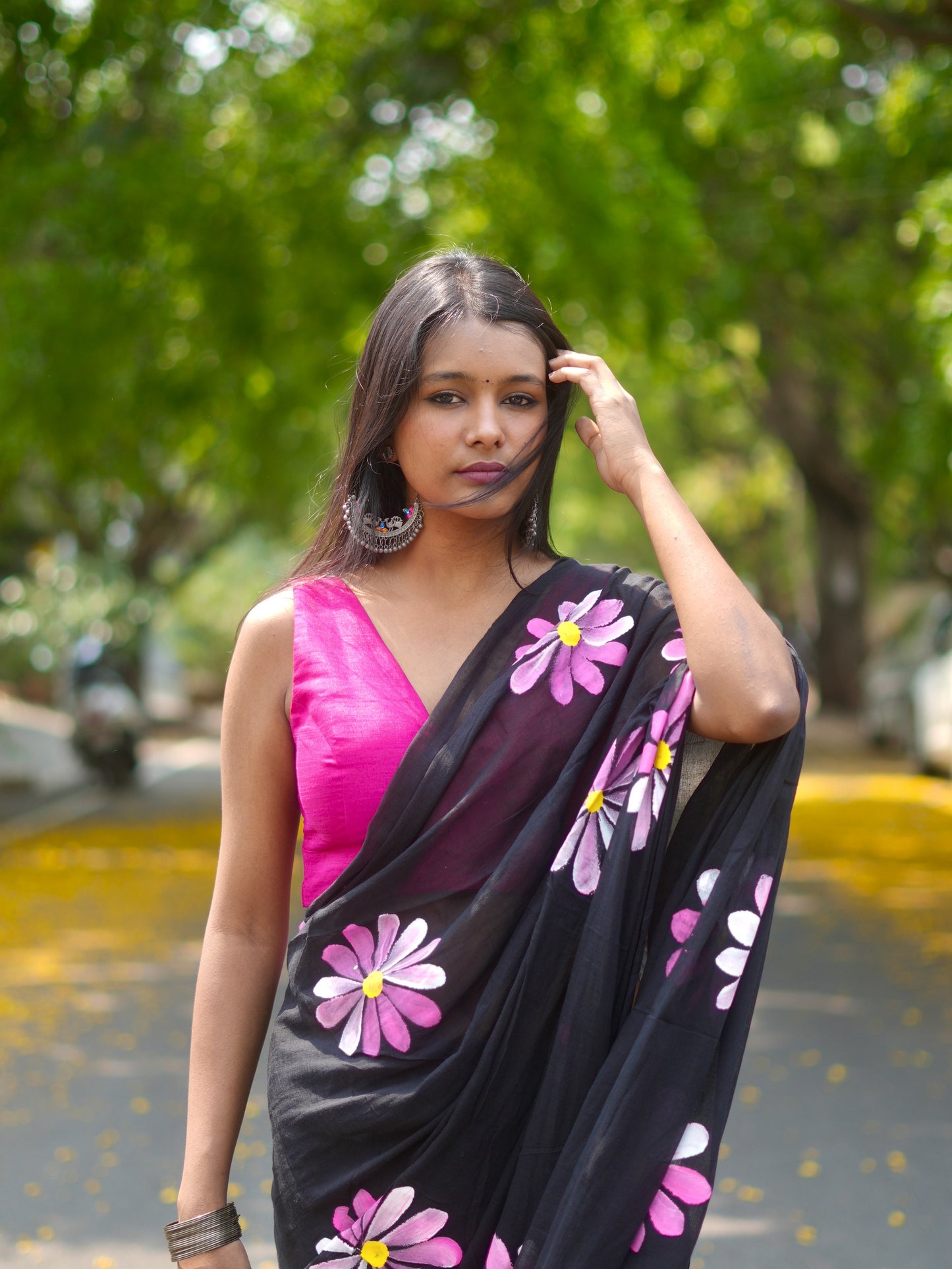 Midnight Multicolored Daisy Hand-Painted Saree