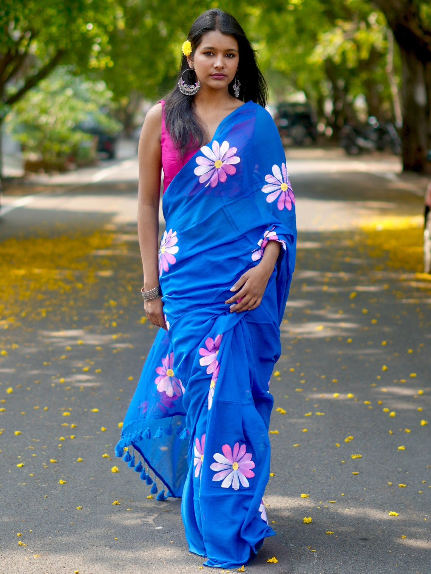 Cobalt Blue Multicoloured Daisy Hand-Painted Saree