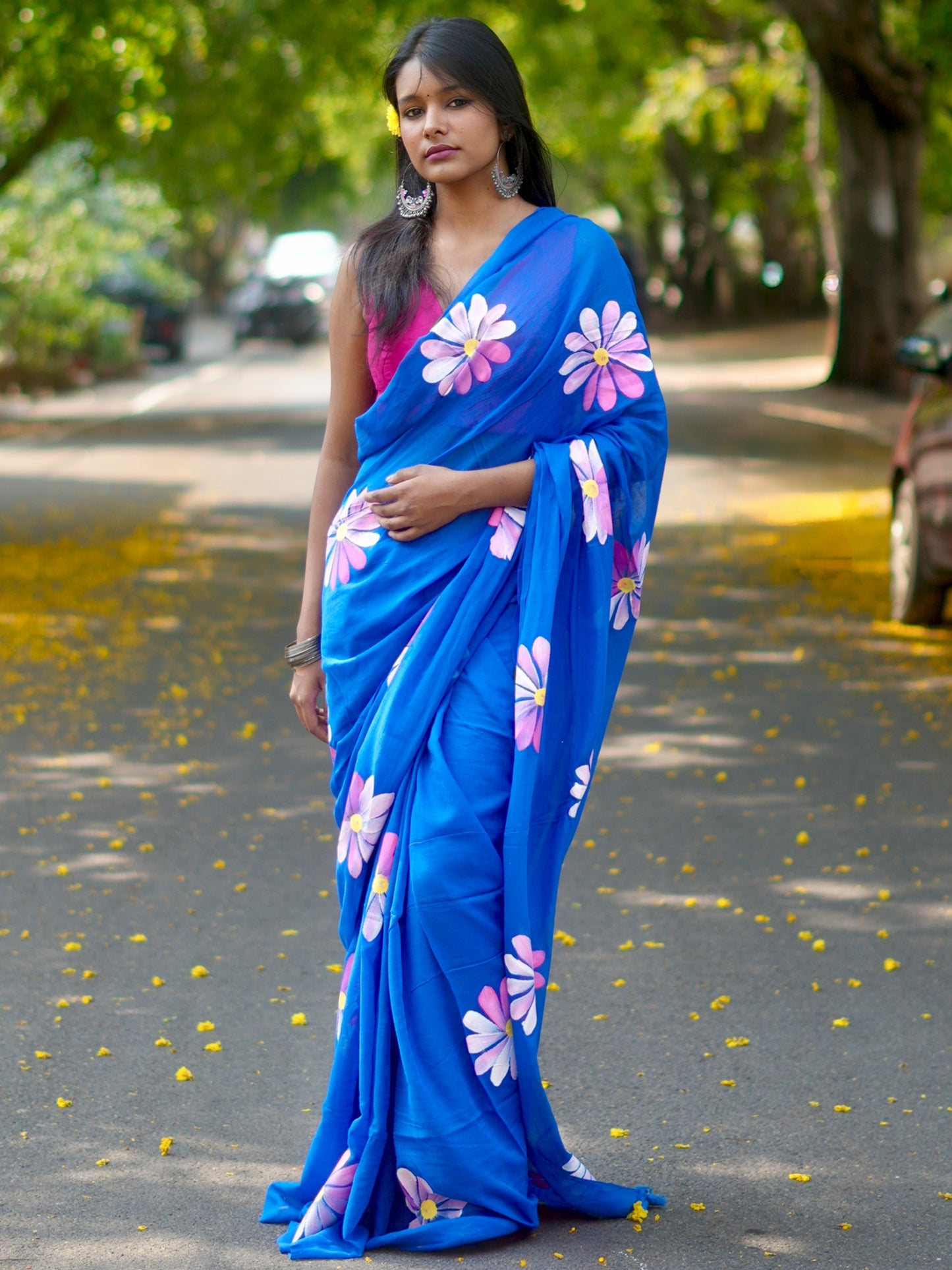 Cobalt Blue Multicoloured Daisy Hand-Painted Saree