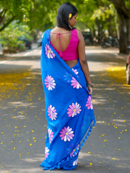 Cobalt Blue Multicoloured Daisy Hand-Painted Saree