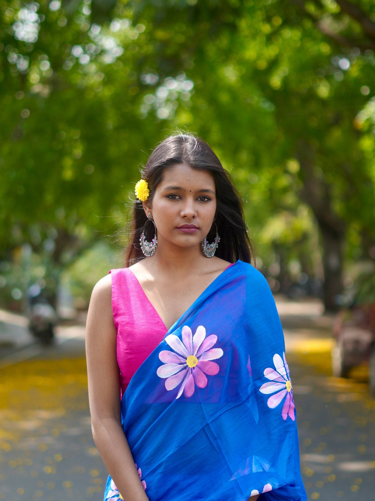 Cobalt Blue Multicoloured Daisy Hand-Painted Saree