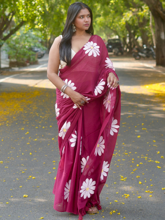 Carmine Daisy Hand-Painted Saree