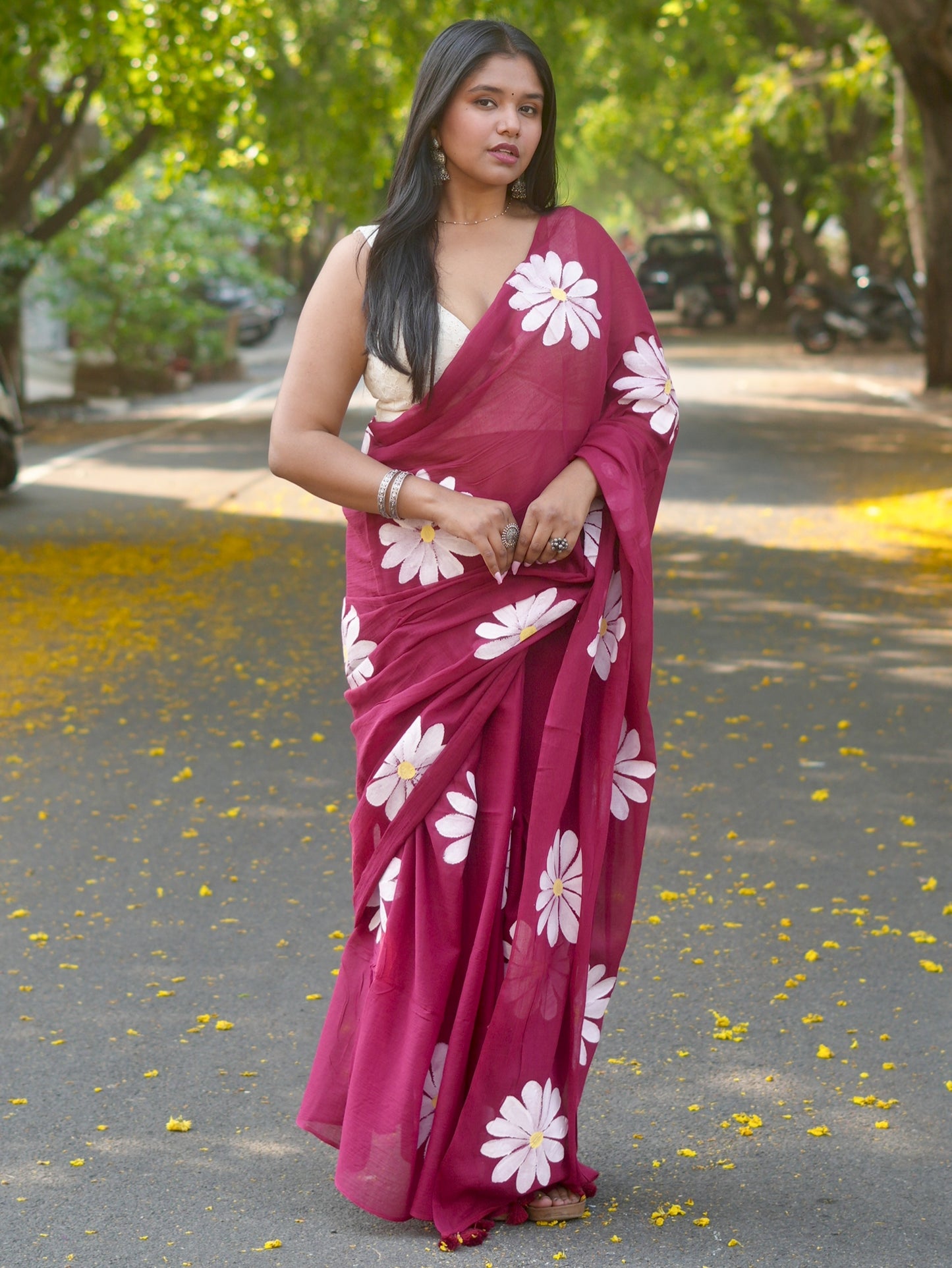 Carmine Daisy Hand-Painted Saree