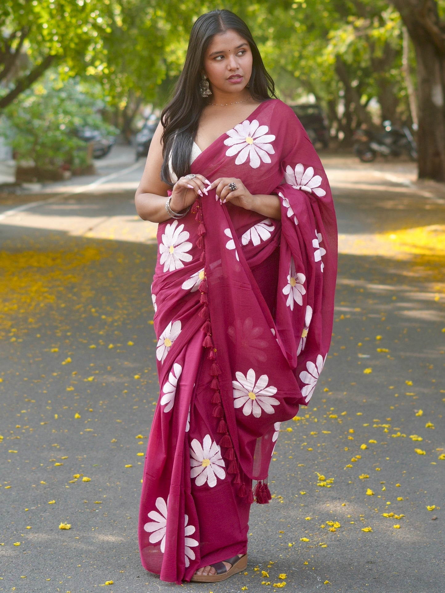 Carmine Daisy Hand-Painted Saree
