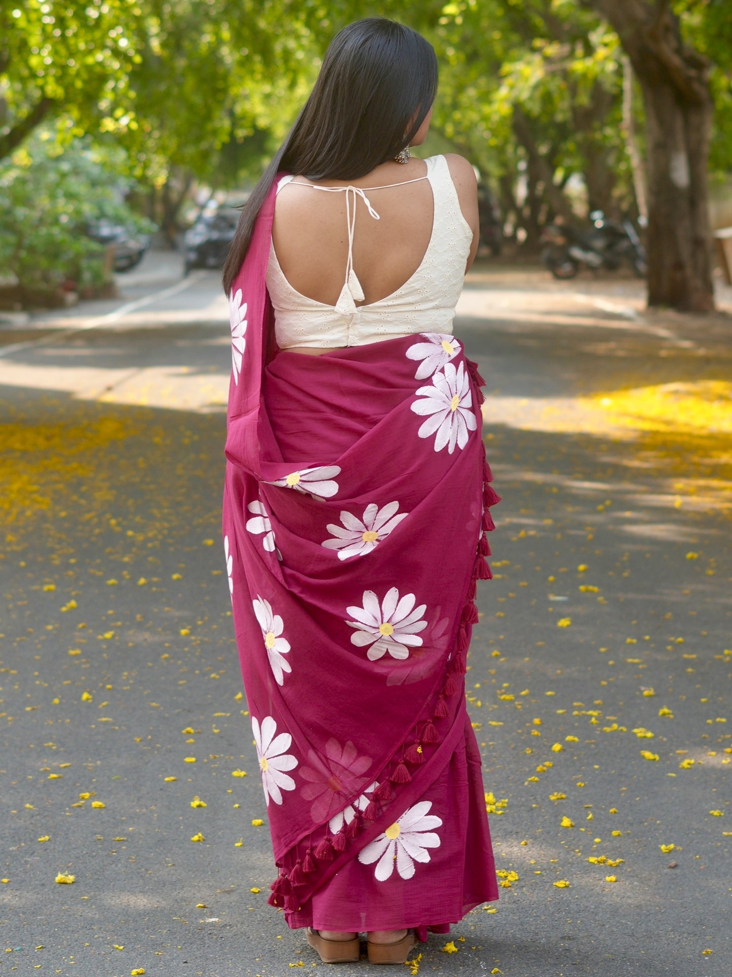 Carmine Daisy Hand-Painted Saree