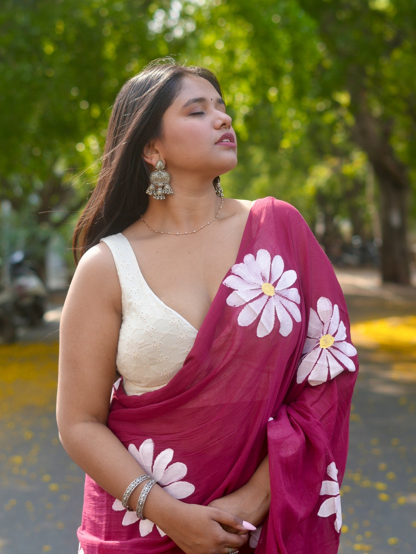 Carmine Daisy Hand-Painted Saree