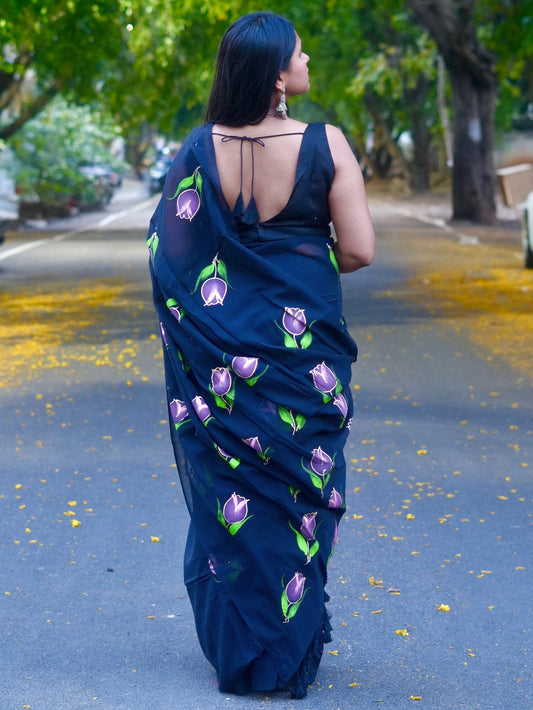 Noir Tulip Hand-Painted Saree