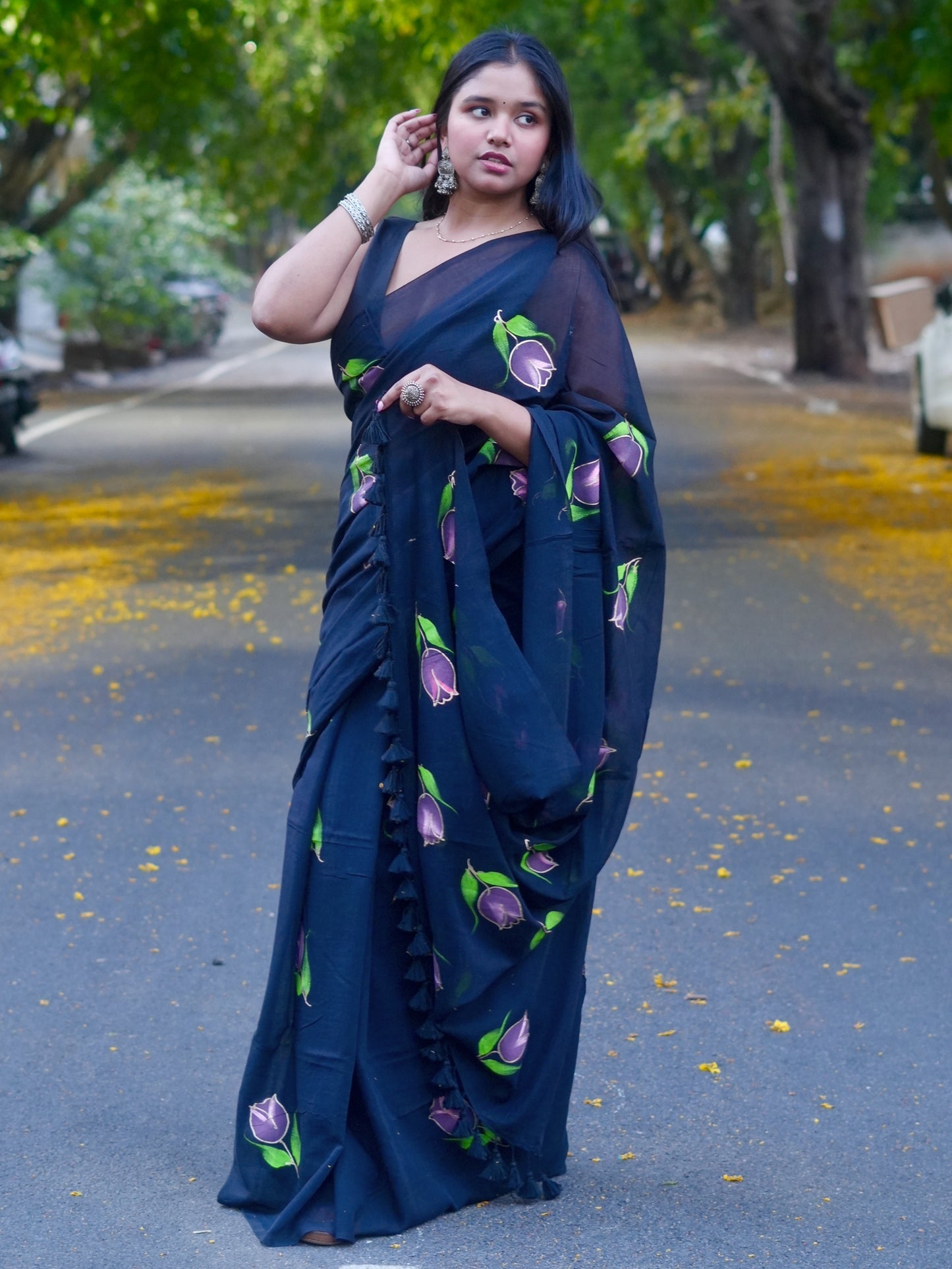 Noir Tulip Hand-Painted Saree