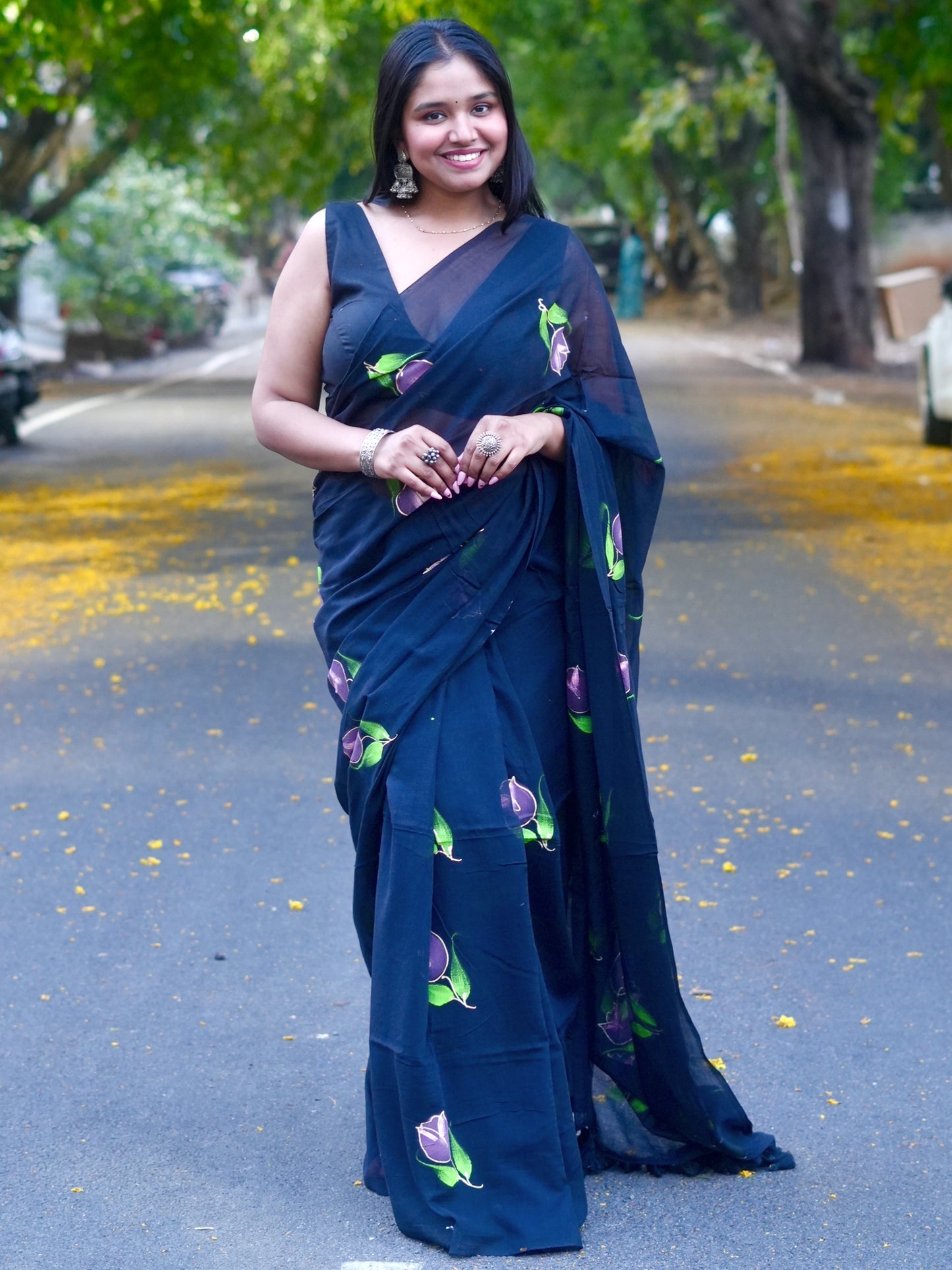 Noir Tulip Hand-Painted Saree