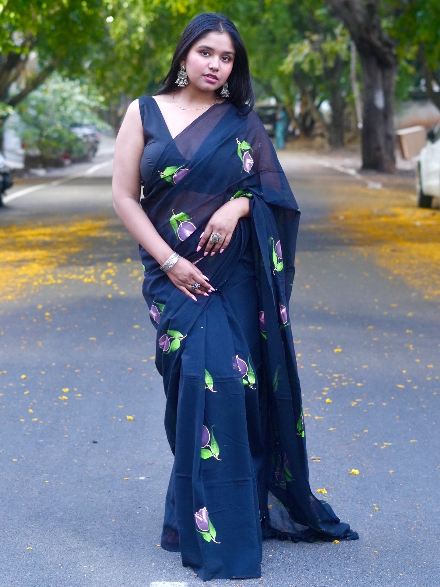 Noir Tulip Hand-Painted Saree