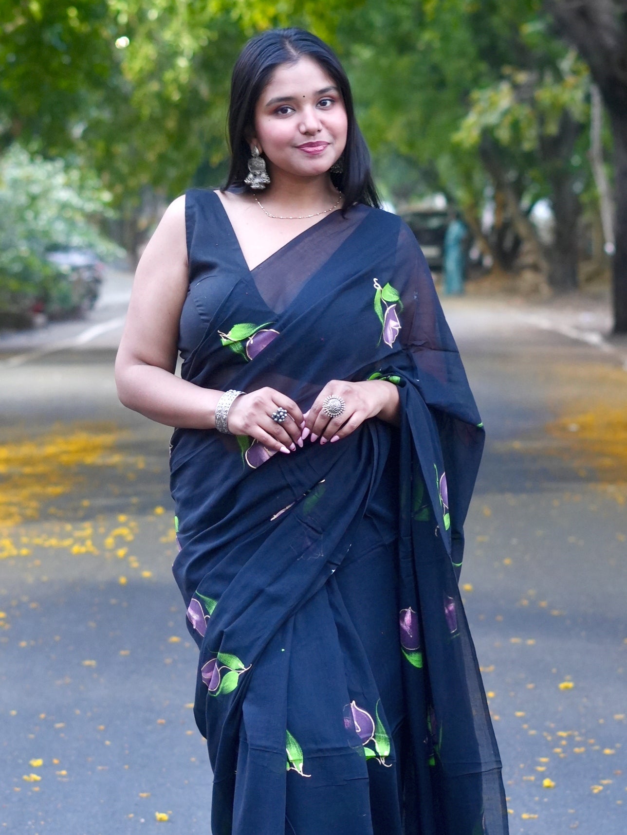 Noir Tulip Hand-Painted Saree