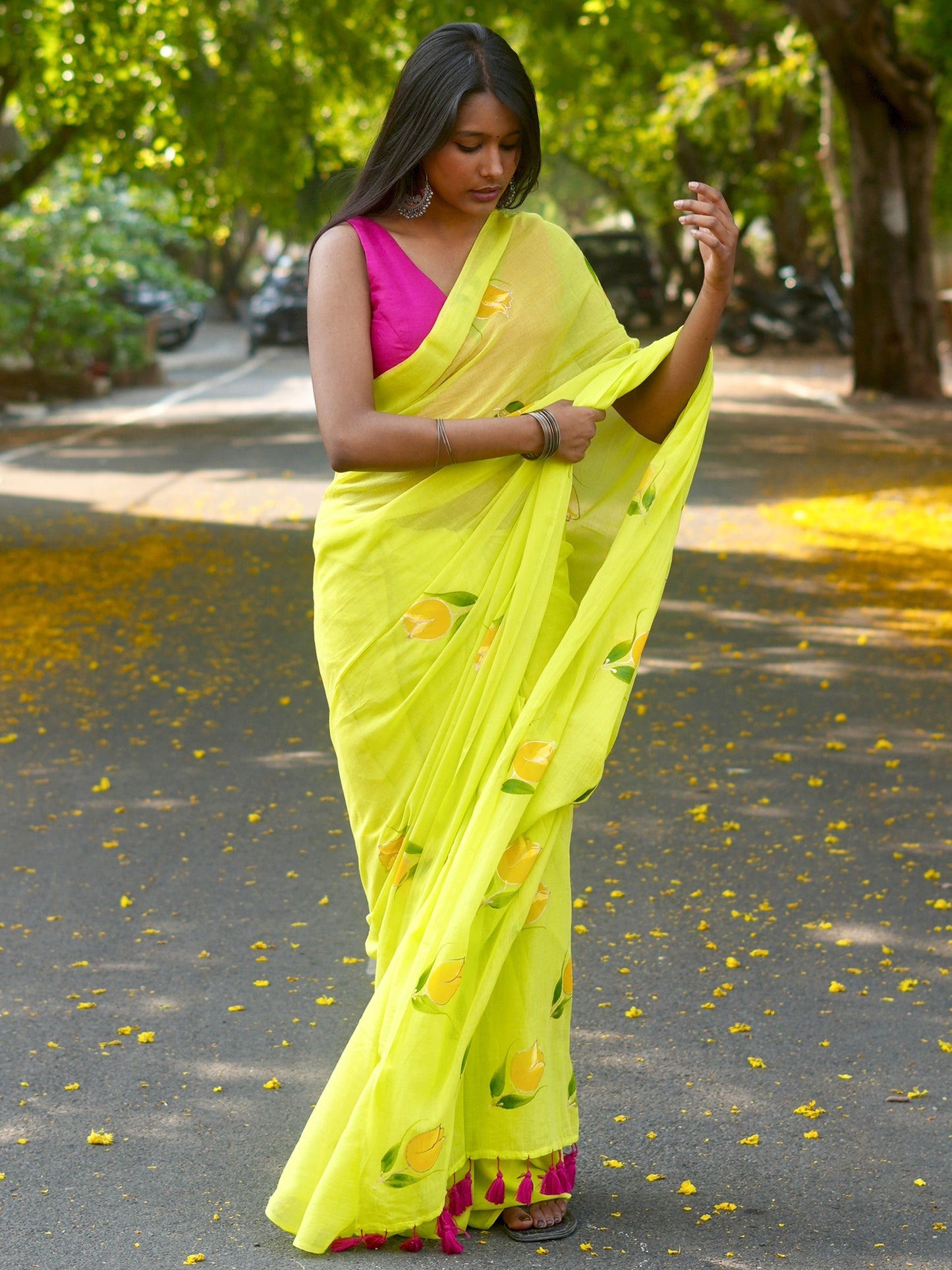 Chartreuse Pink Tulip Hand-Painted Saree