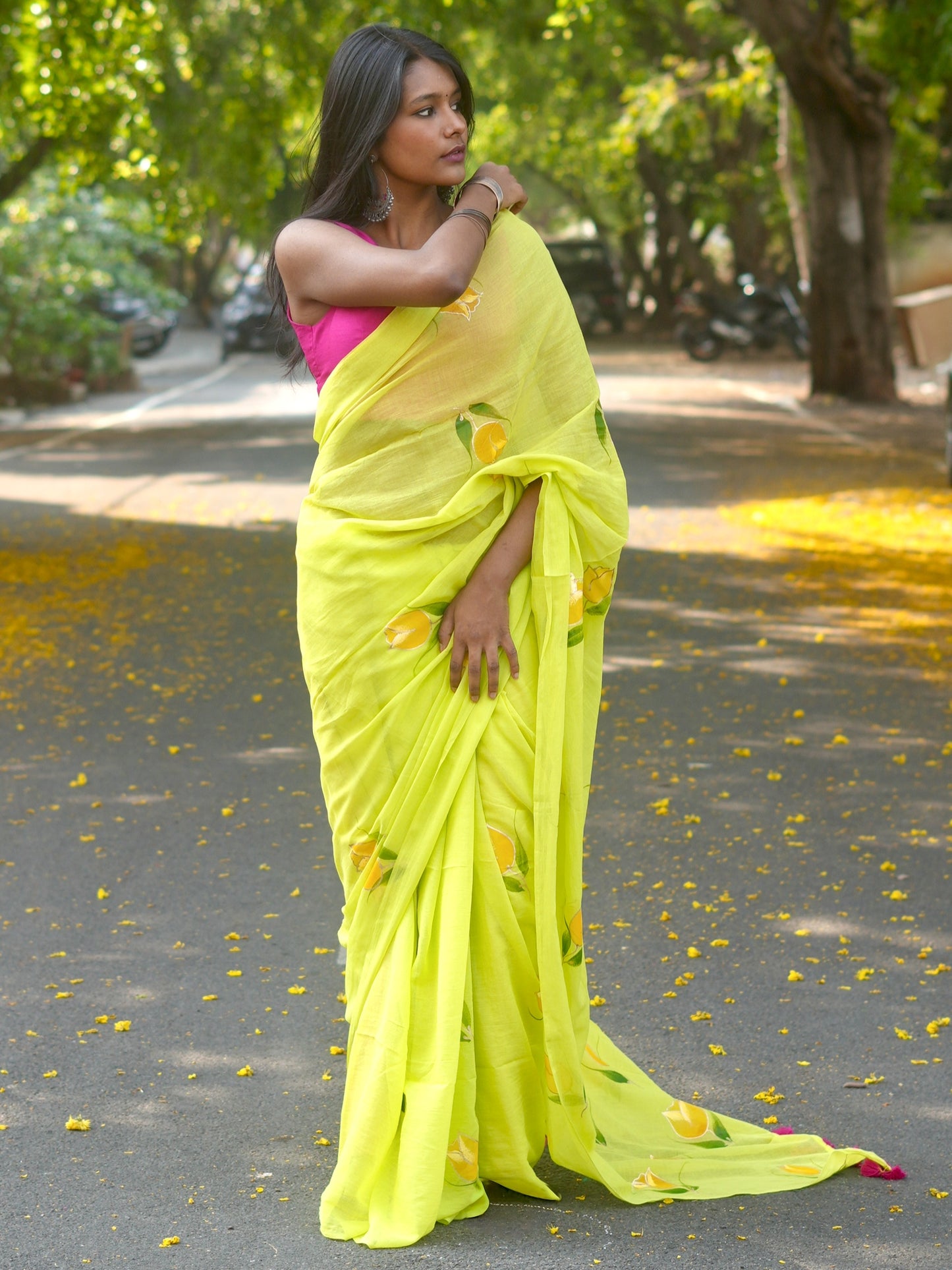 Chartreuse Pink Tulip Hand-Painted Saree