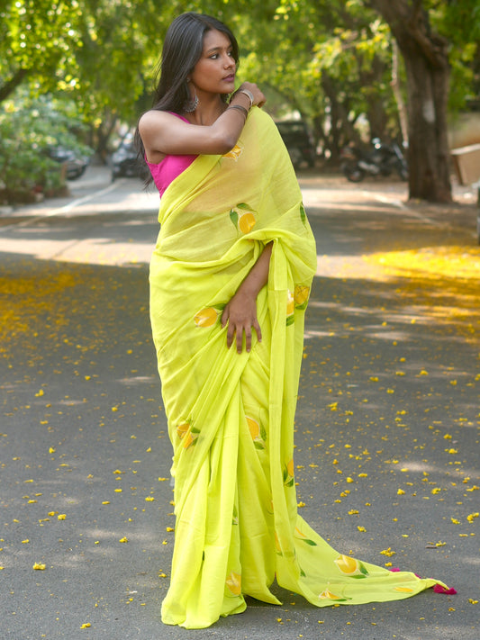 Chartreuse Pink Tulip Hand-Painted Saree
