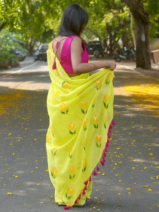 Chartreuse Pink Tulip Hand-Painted Saree