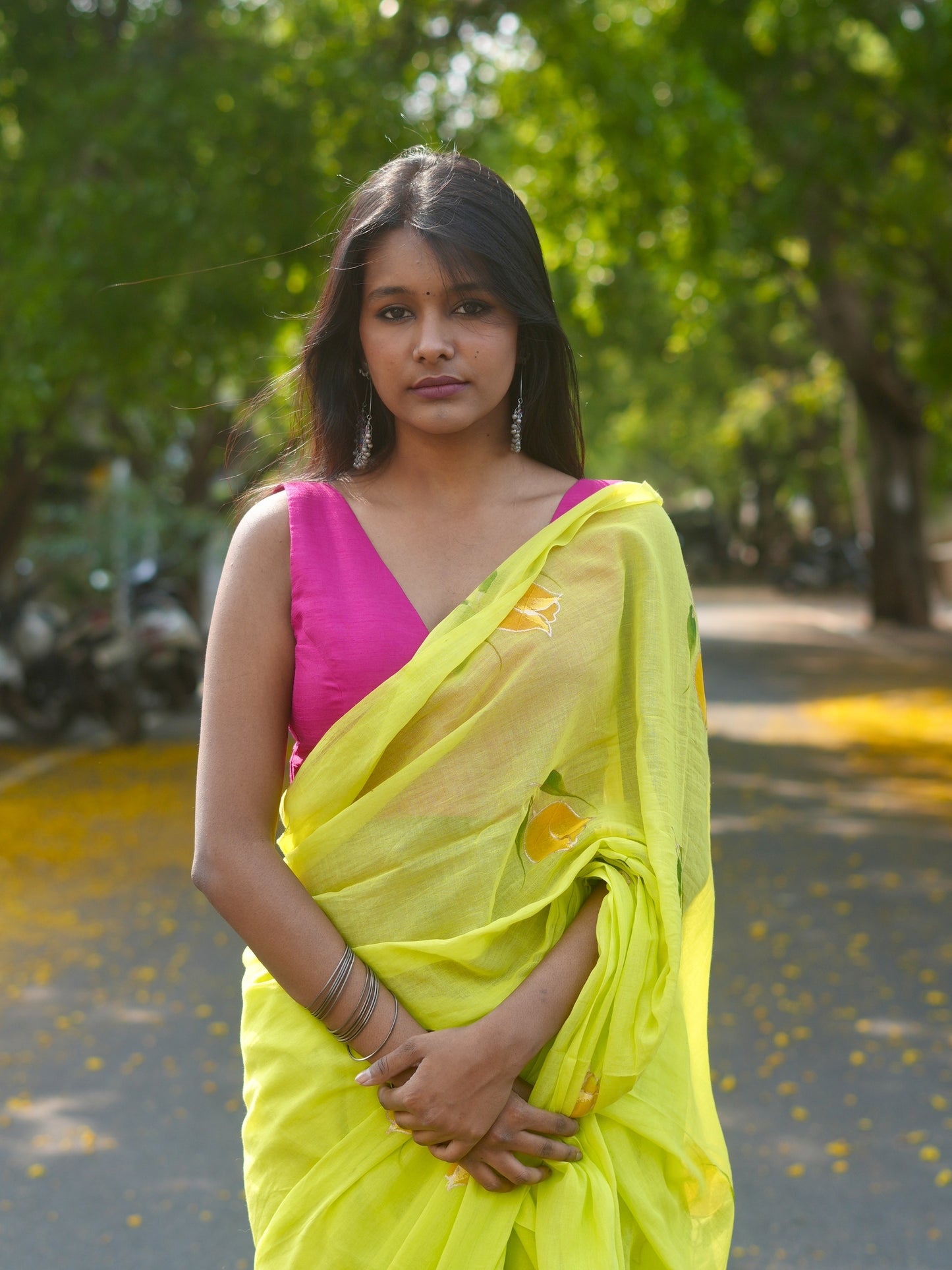 Chartreuse Pink Tulip Hand-Painted Saree