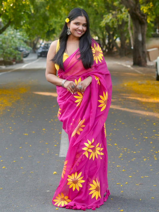 Cerise Sunflower Hand-Painted Saree