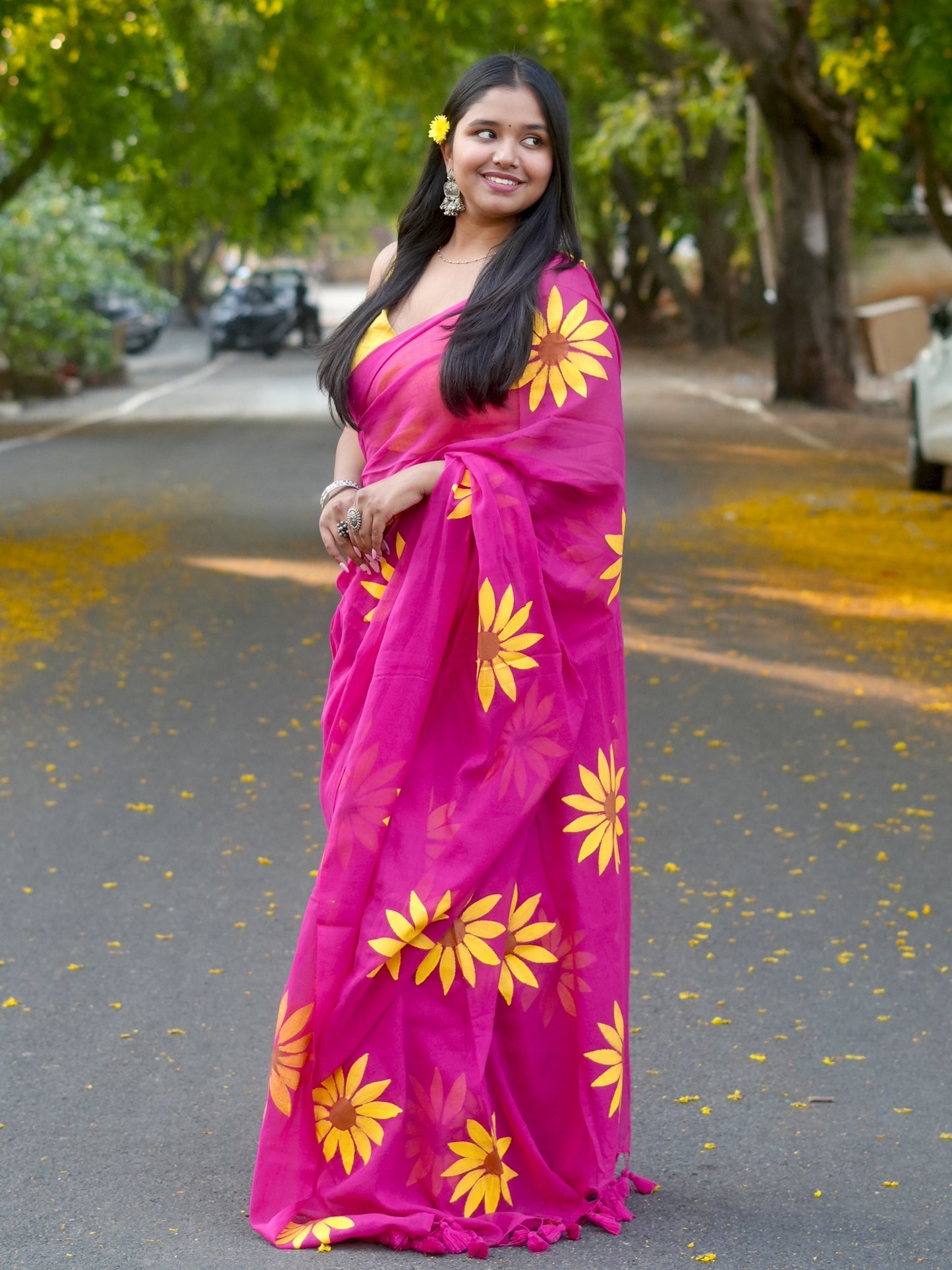 Cerise Sunflower Hand-Painted Saree