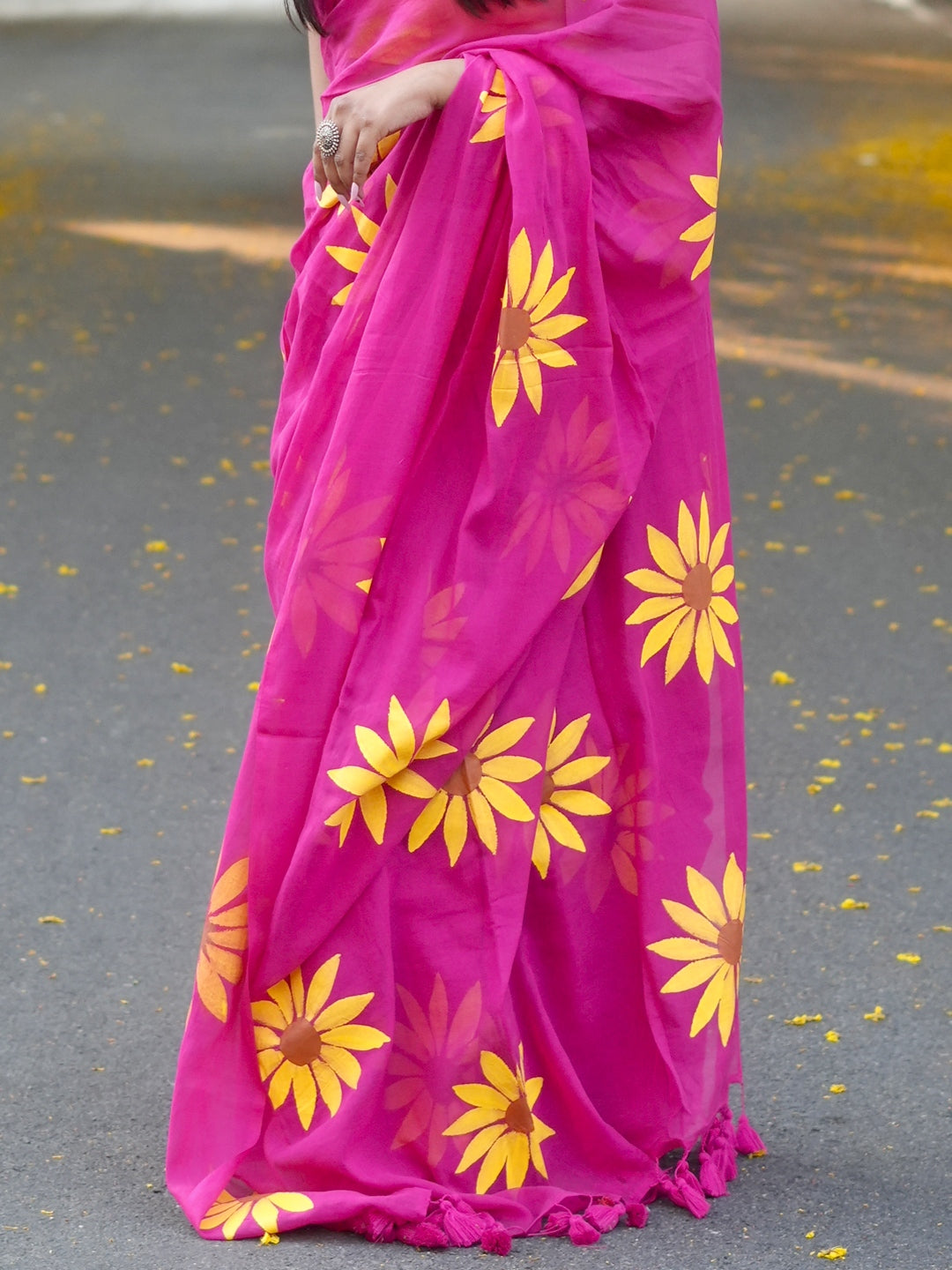 Cerise Sunflower Hand-Painted Saree